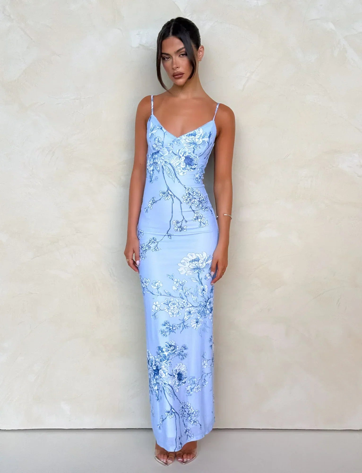 Julie | Elegantes bedrucktes ärmelloses Rosenstreifen Maxikleid