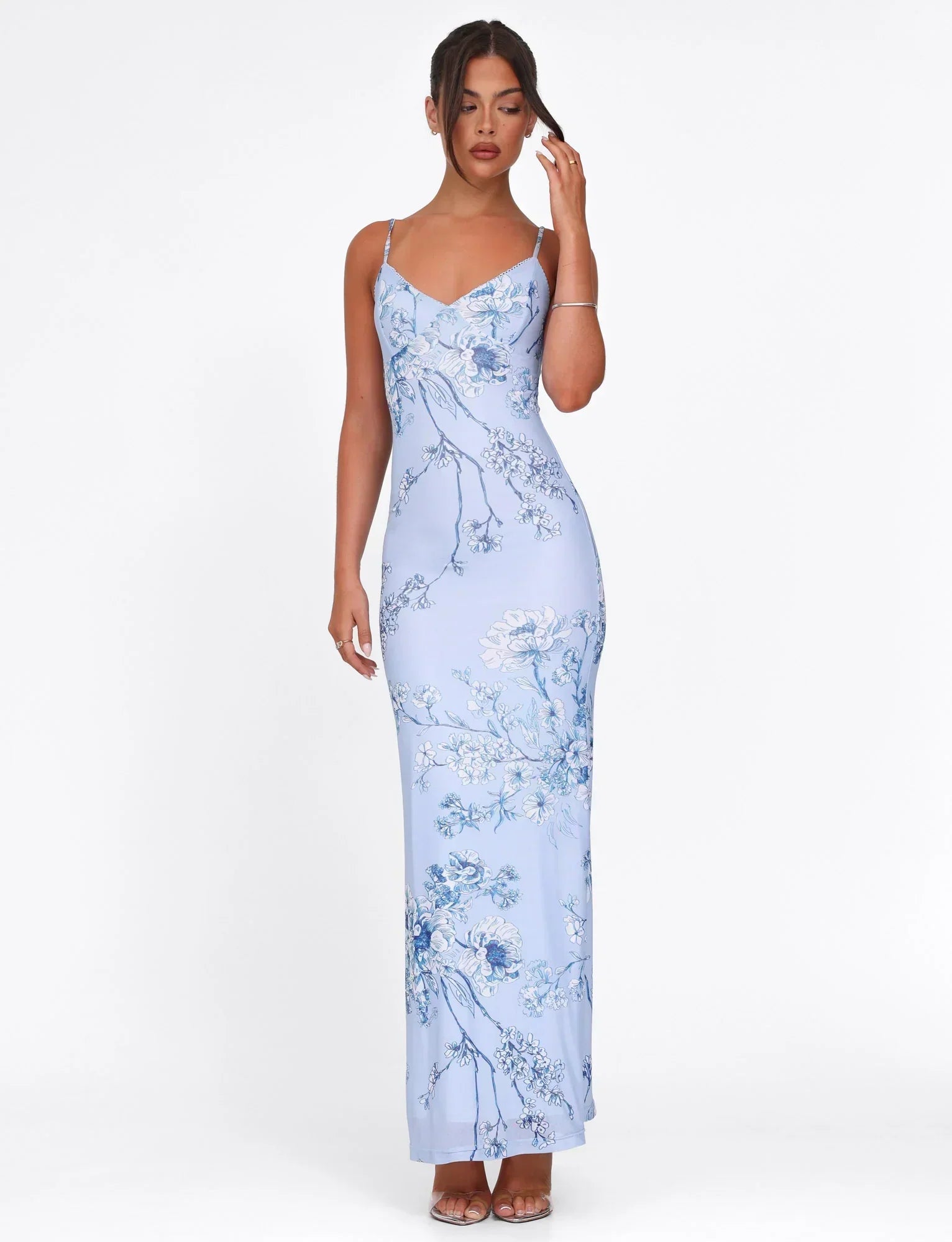 Julie | Elegantes bedrucktes ärmelloses Rosenstreifen Maxikleid