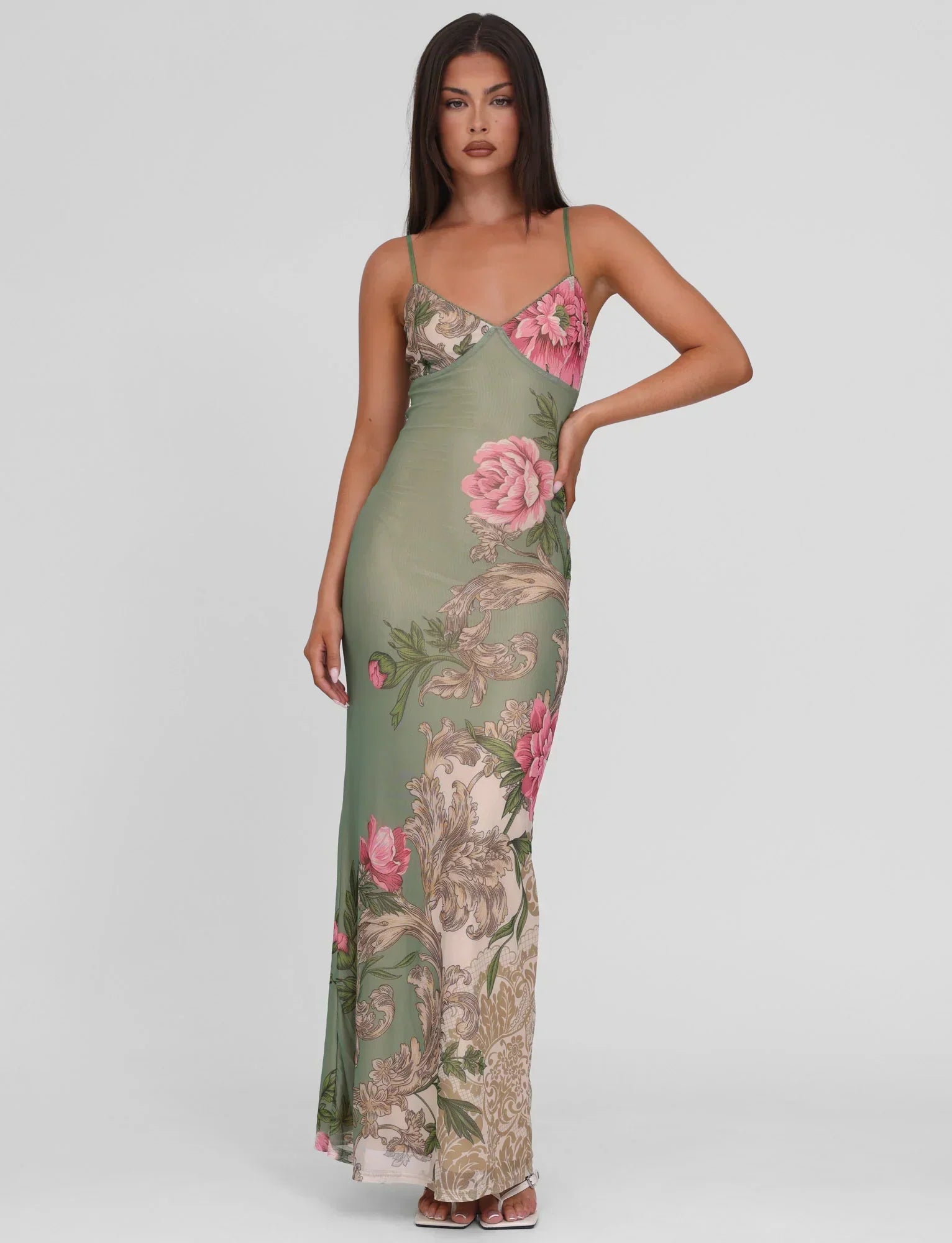 Julie | Elegantes bedrucktes ärmelloses Rosenstreifen Maxikleid