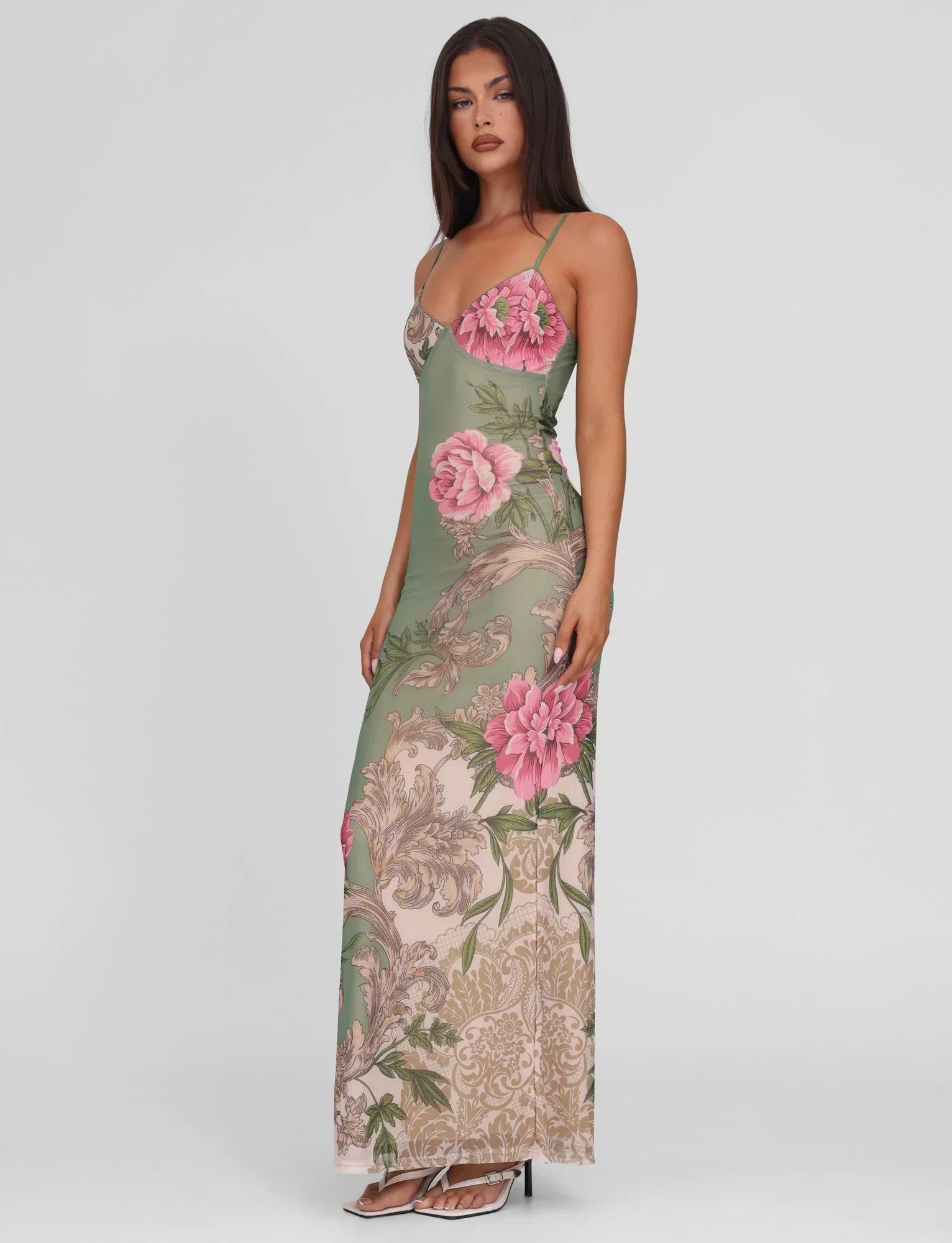 Julie | Elegantes bedrucktes ärmelloses Rosenstreifen Maxikleid