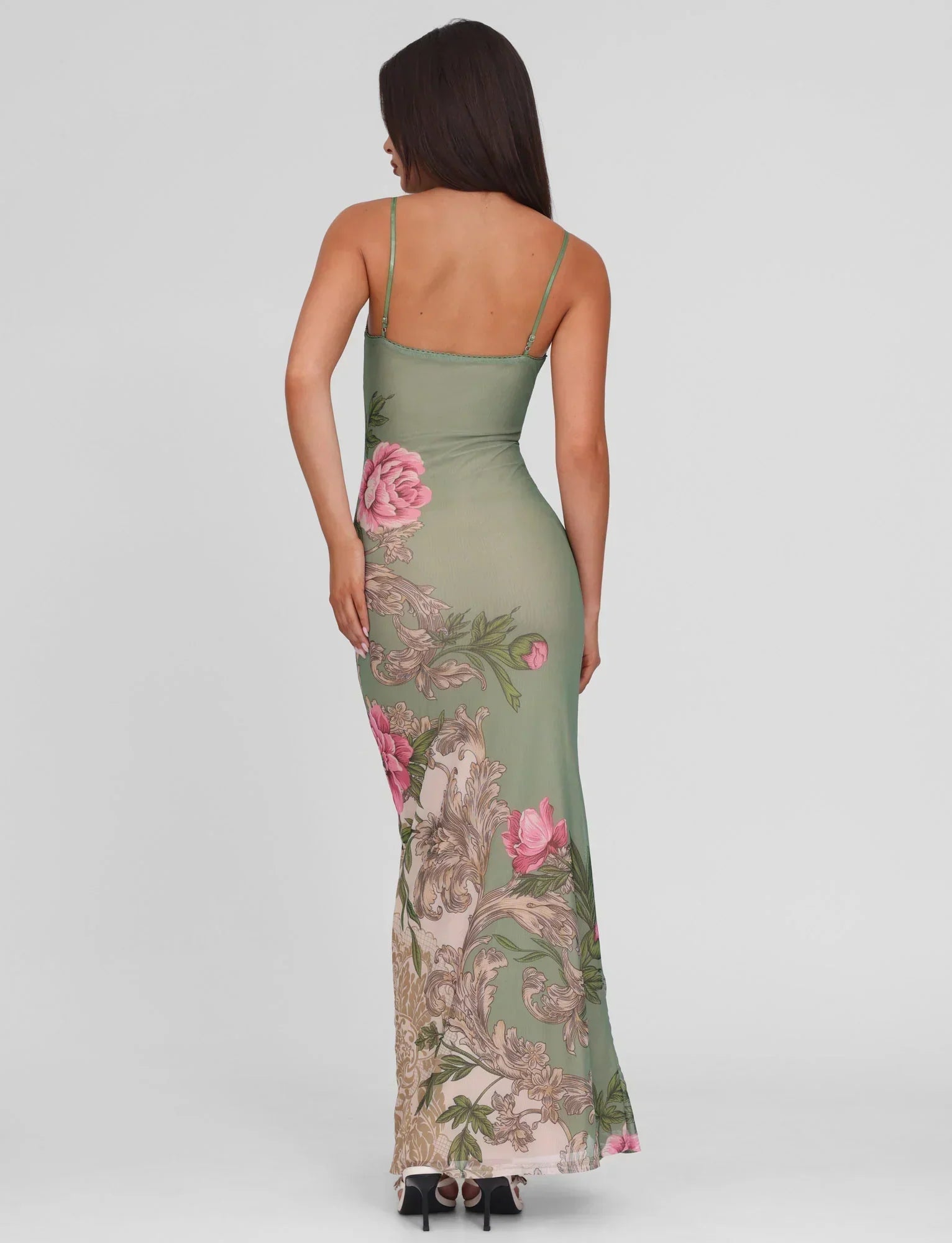 Julie | Elegantes bedrucktes ärmelloses Rosenstreifen Maxikleid