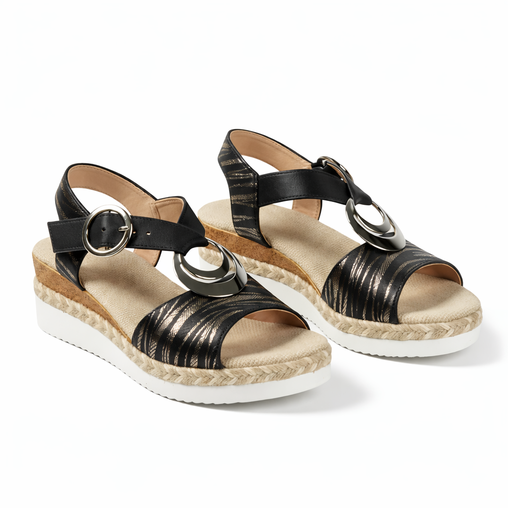 Damen Metallische Wedgesandalen Bequeme Sommerschuhe mit Knöchelriemen