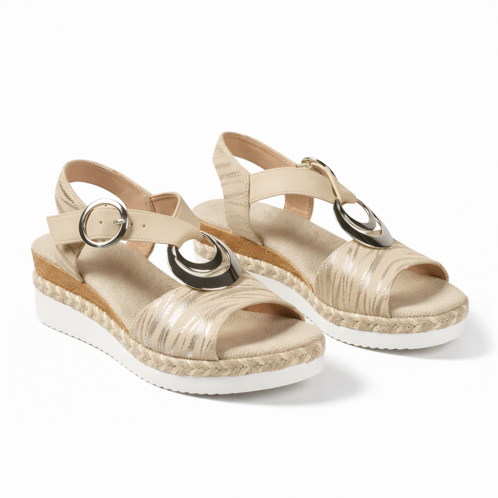 Damen Metallische Wedgesandalen Bequeme Sommerschuhe mit Knöchelriemen