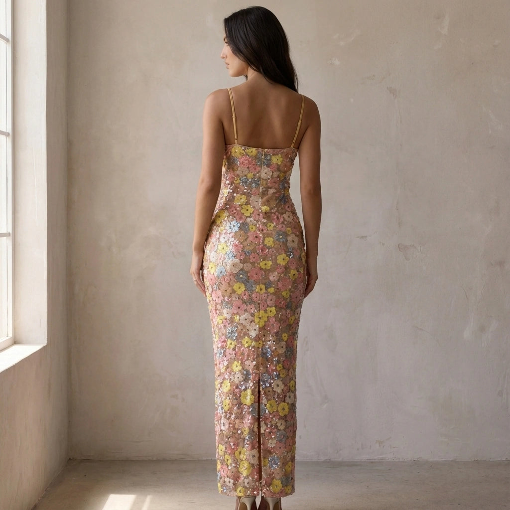 Blossom Pailletten Slip Maxi-Kleid