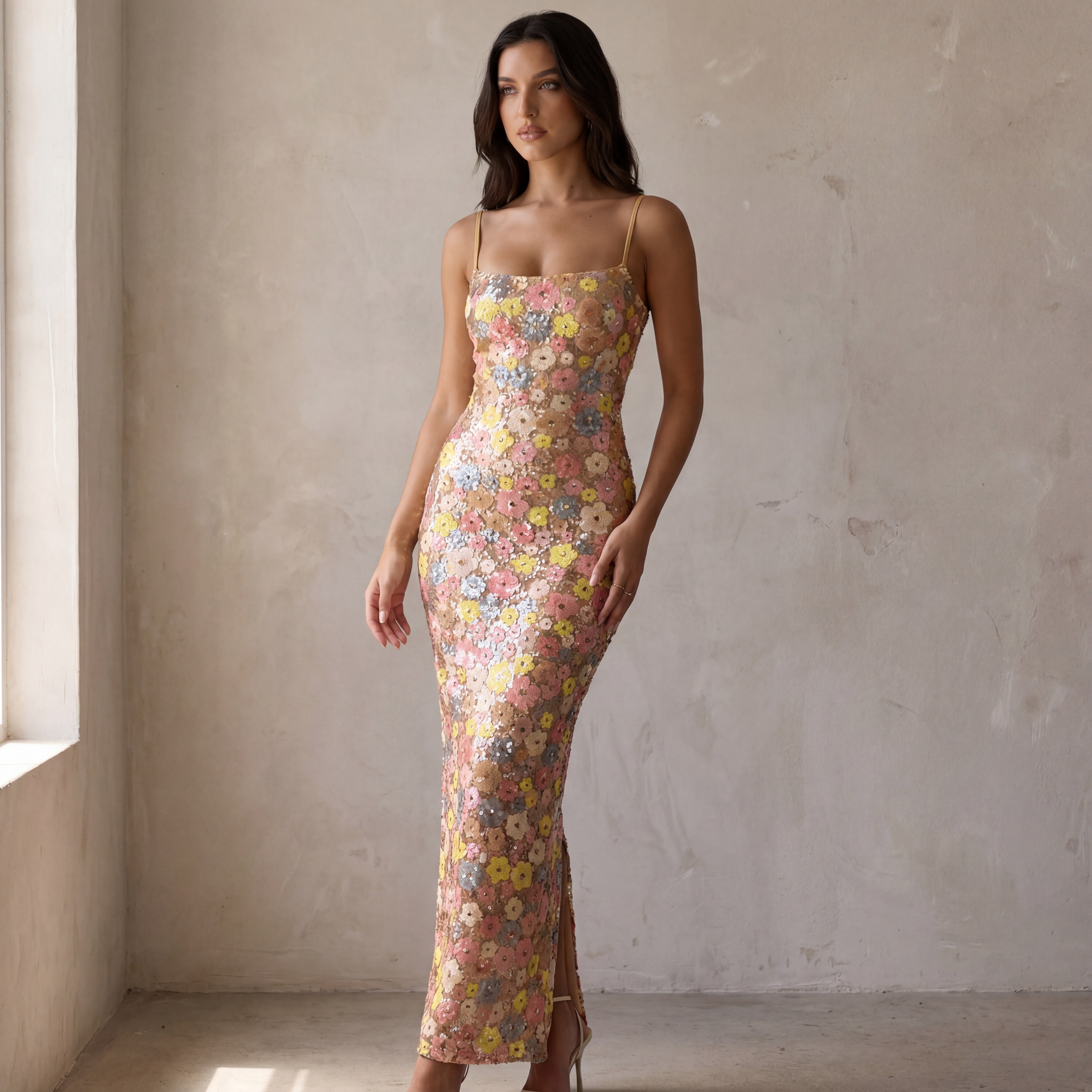 Blossom Pailletten Slip Maxi-Kleid