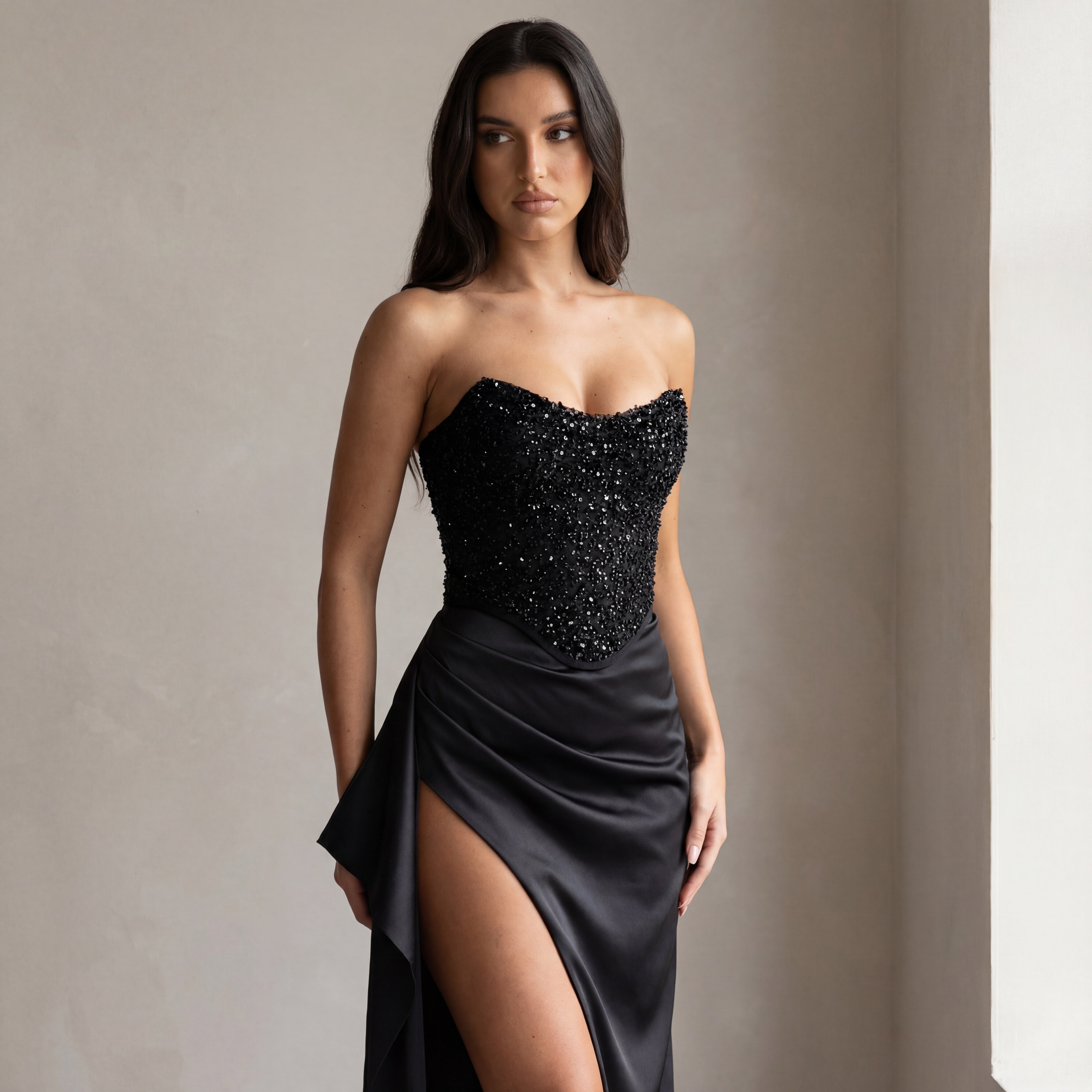 Ismeria | Beaded Satin Corset Maxi Dress