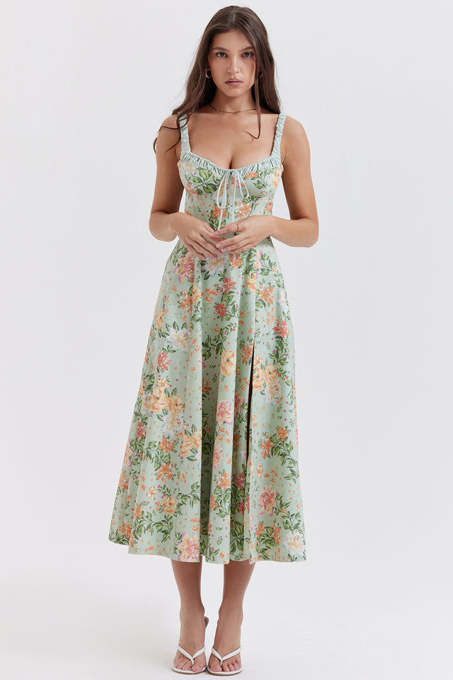 Sabrina | Blumensplit Midi-Kleid – Romantisches Frühlingsstretch-Sommerkleid