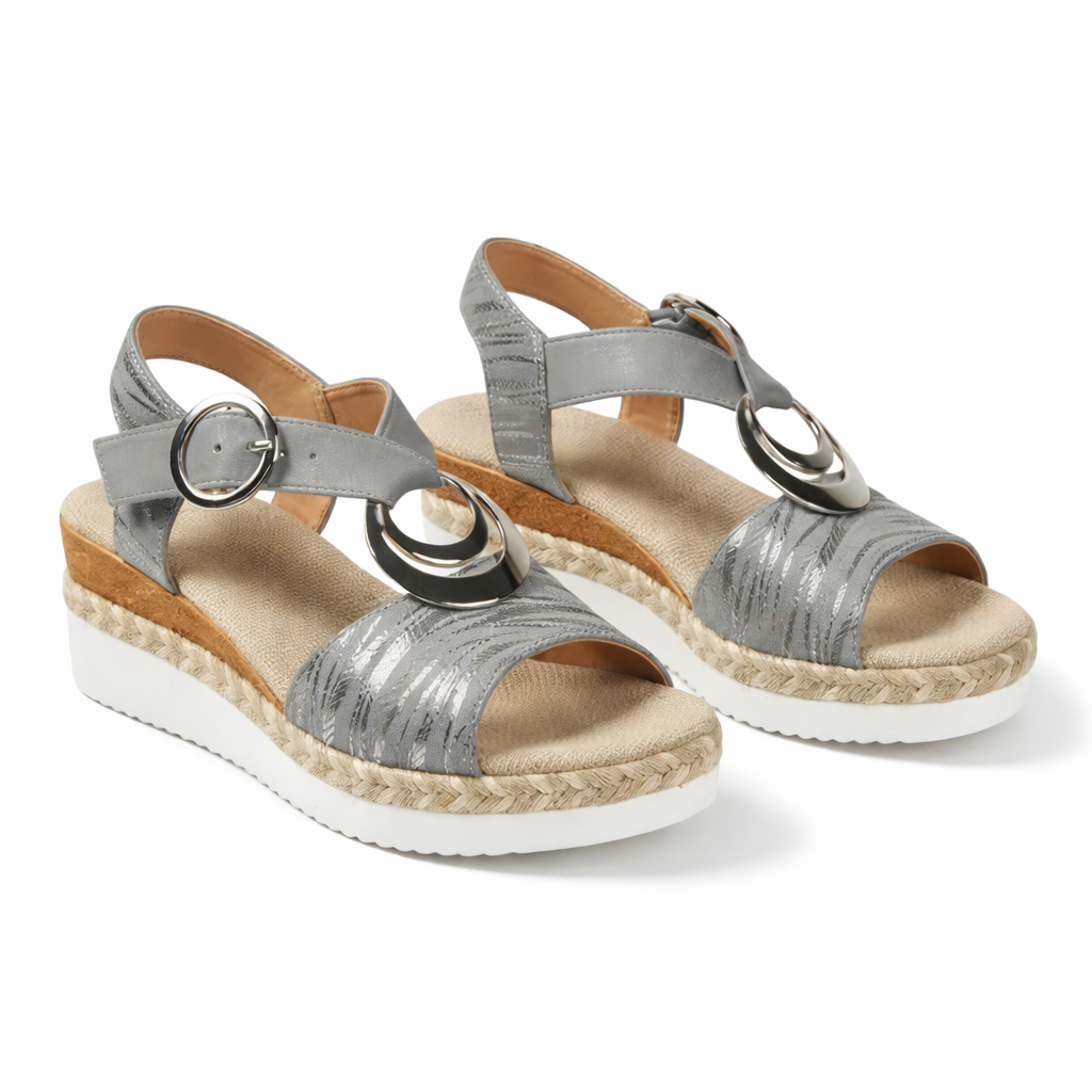 Damen Metallische Wedgesandalen Bequeme Sommerschuhe mit Knöchelriemen