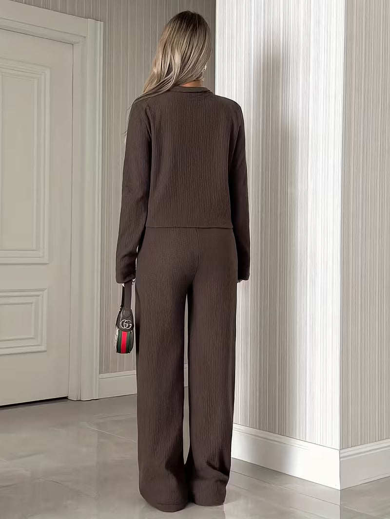Elara Ribbed Lounge Set – Button Top & Wide-Leg Pants