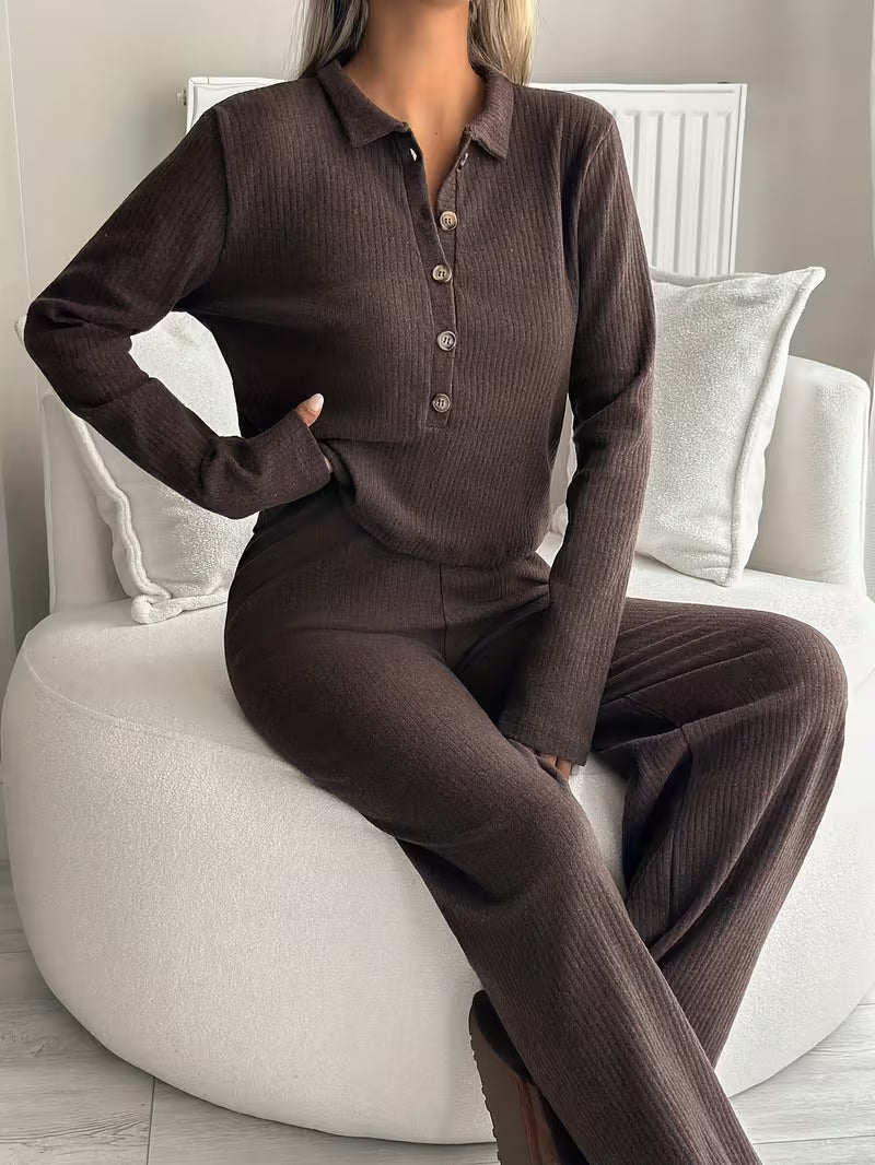 Elara Ribbed Lounge Set – Button Top & Wide-Leg Pants