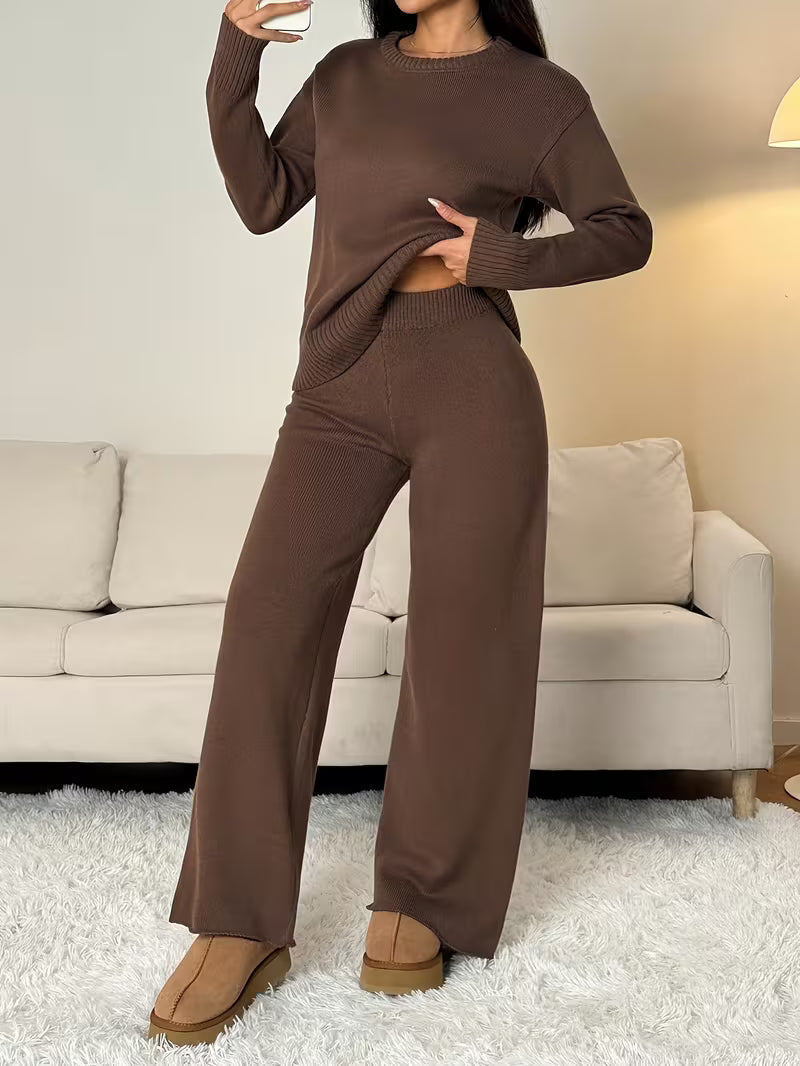 Sienna Knit Lounge Set – Relaxed Top & Wide-Leg Pants