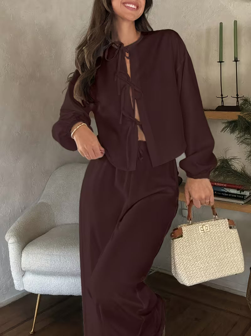 Valentina Two-Piece Set – Tie-Front Blouse & Wide-Leg Pants
