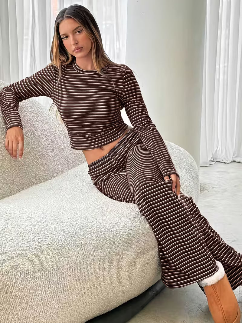 Mila Striped Lounge Set – Cropped Top & Wide-Leg Pants