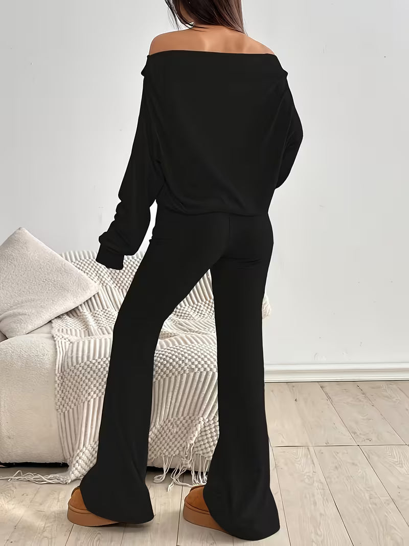 Livia Off-Shoulder Lounge Set – Relaxed Top & Straight-Leg Pants