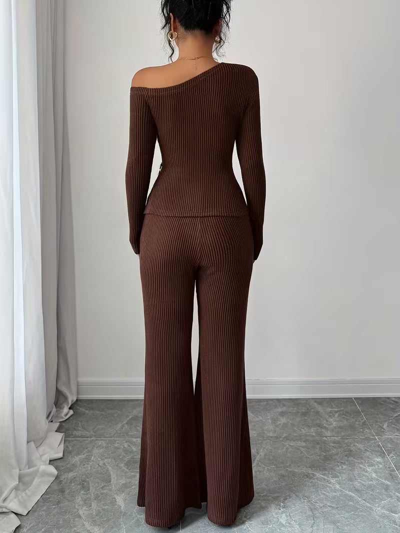 Serena Ribbed Set – Asymmetric Top & Flared Pants